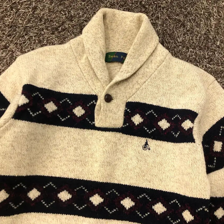 [BUNJANG] Beanpole Wool Shawl Collar Pattern Knit Sweater / 90 빈폴 울 숄카라 패턴 니트