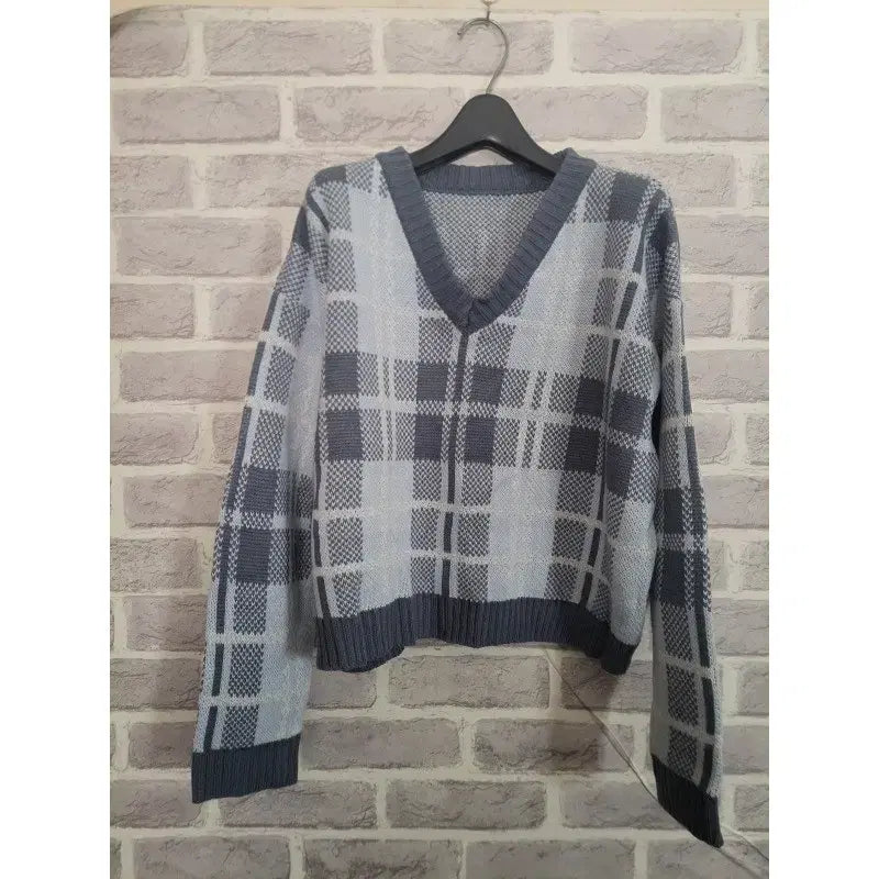[BUNJANG] Woman Blue Check V-Neck Knit Sweater / 여성 블루 체크 브이넥 니트/알뜰한여우
