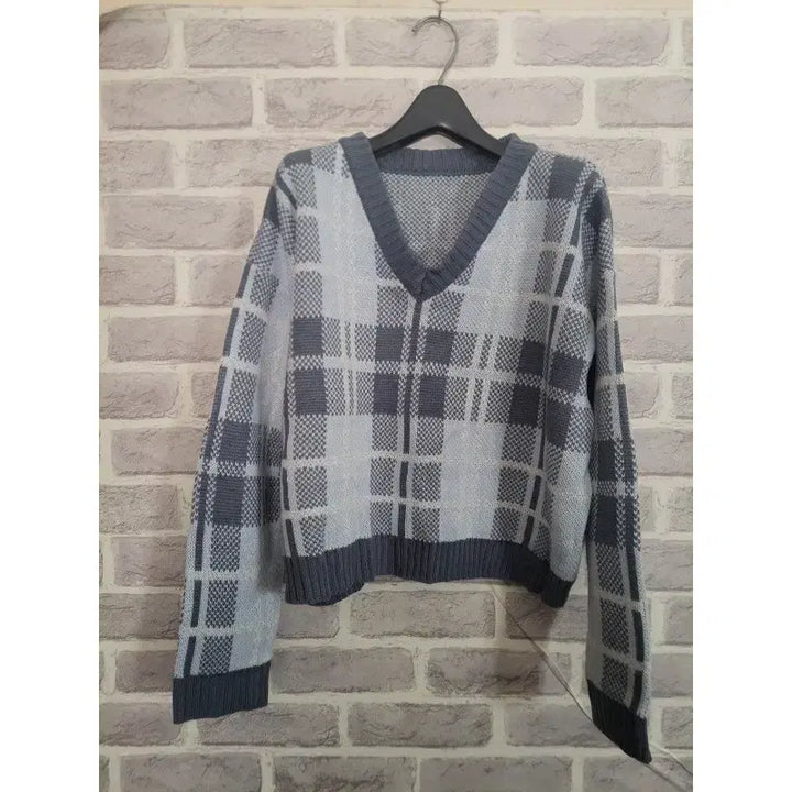 [BUNJANG] Woman Blue Check V-Neck Knit Sweater / 여성 블루 체크 브이넥 니트/알뜰한여우
