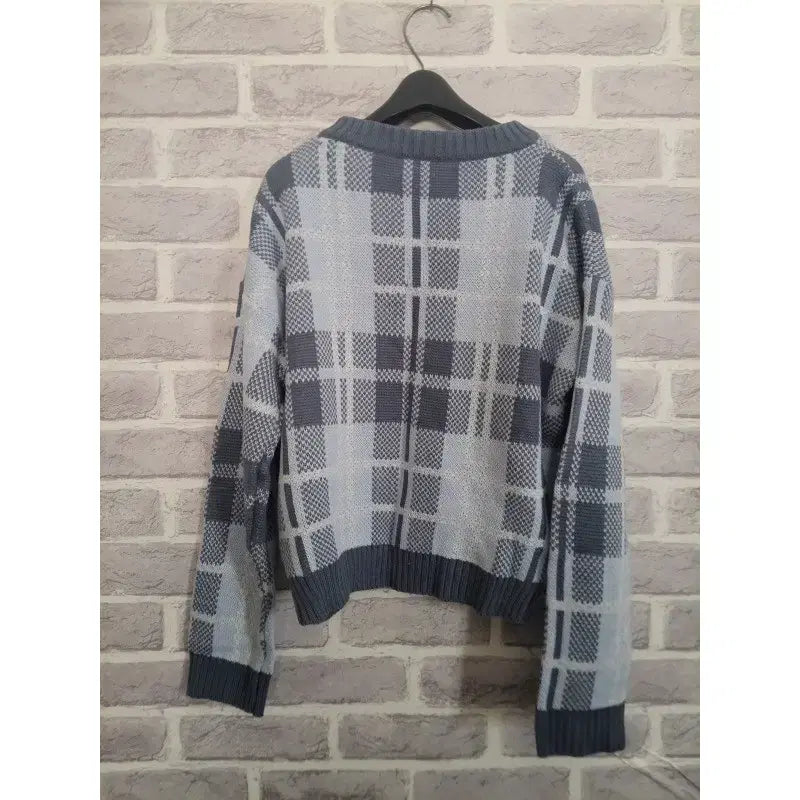[BUNJANG] Woman Blue Check V-Neck Knit Sweater / 여성 블루 체크 브이넥 니트/알뜰한여우