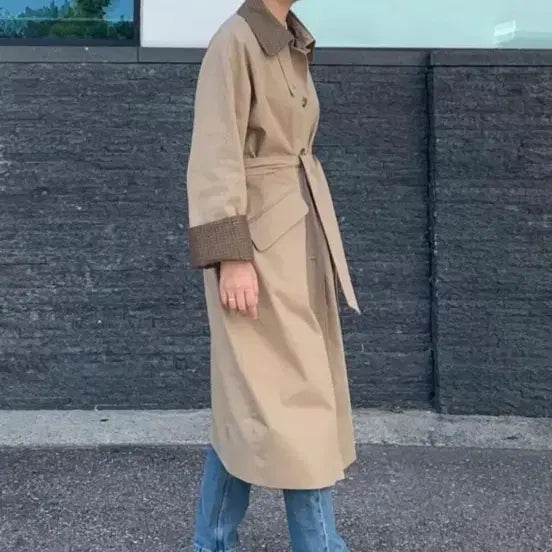 [BUNJANG] Check Pattern Long Trench Coat / 체크배색 롱 트렌치 코트