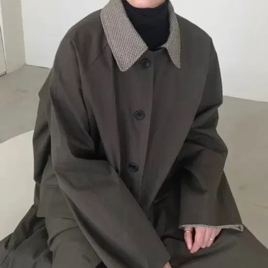 [BUNJANG] Check Pattern Long Trench Coat / 체크배색 롱 트렌치 코트