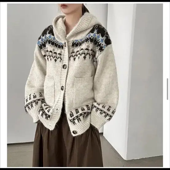 [BUNJANG] Nordic Pattern Hooded Cardigan Ivory / 노르딕 패턴 후드 가디건 아이보리