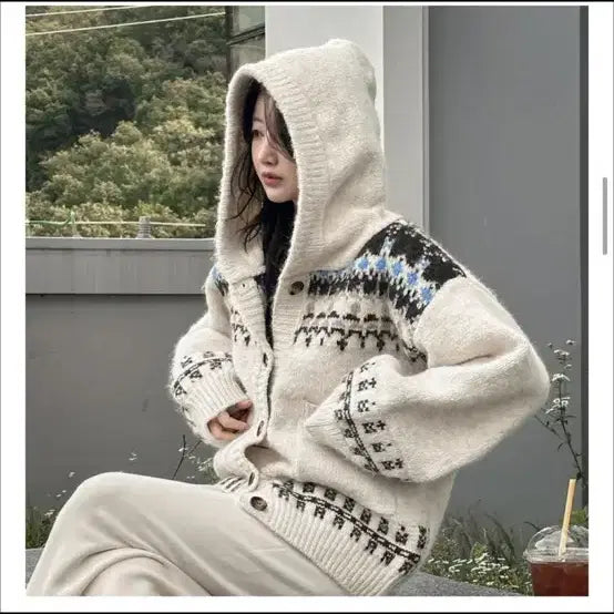 [BUNJANG] Nordic Pattern Hooded Cardigan Ivory / 노르딕 패턴 후드 가디건 아이보리
