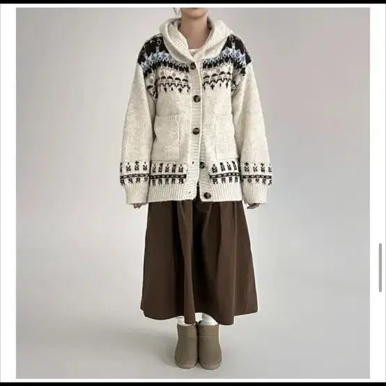 [BUNJANG] Nordic Pattern Hooded Cardigan Ivory / 노르딕 패턴 후드 가디건 아이보리
