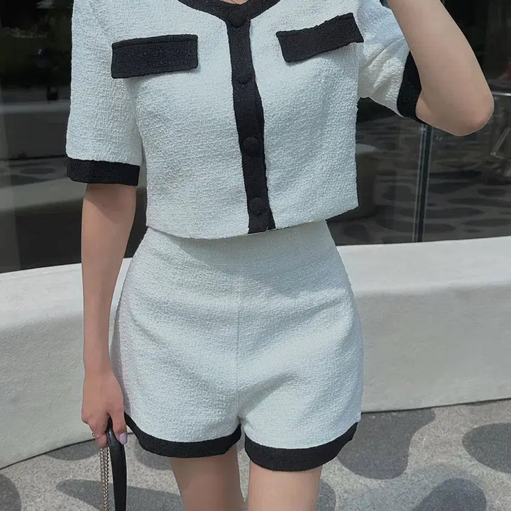 [BUNJANG] Tweed Half Sleeve Two-Piece Set / 트위드 반팔 투피스 세트 화이트 블랙 배색