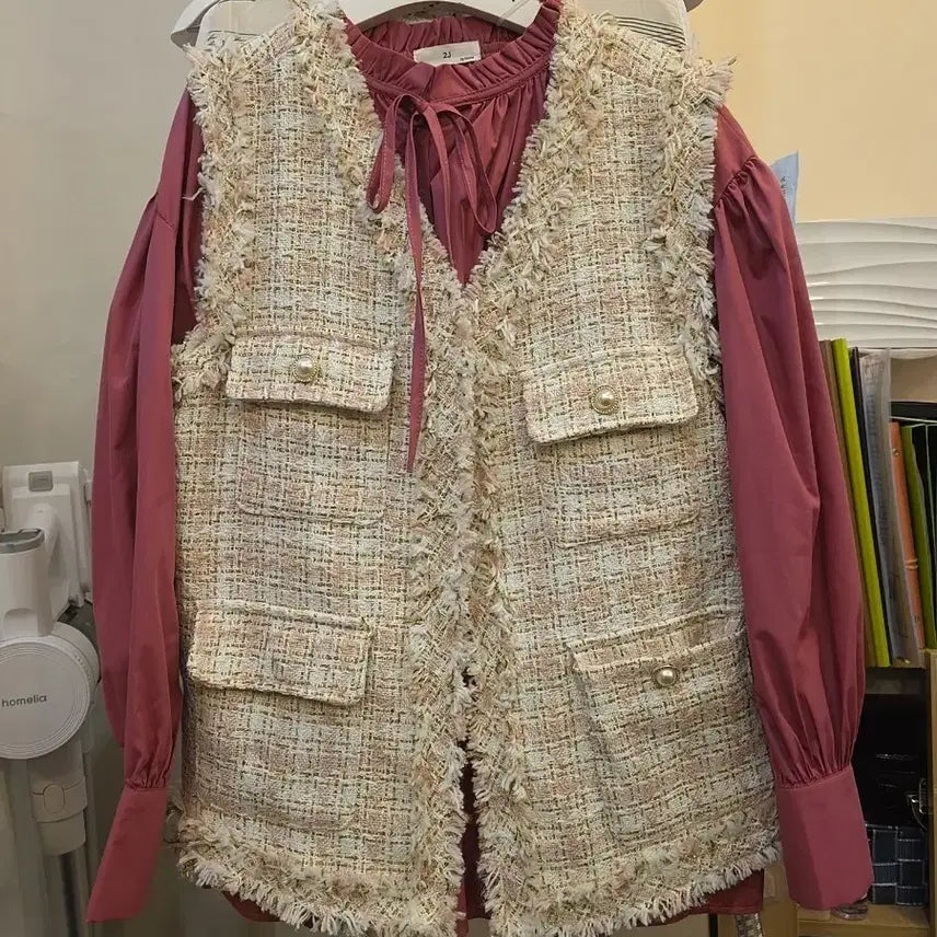 [BUNJANG] Tweed Vest - Pink / 트위드 조끼 핑크색 Free