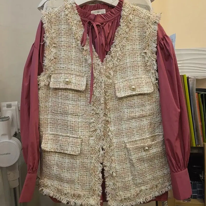 [BUNJANG] Tweed Vest - Pink / 트위드 조끼 핑크색 Free