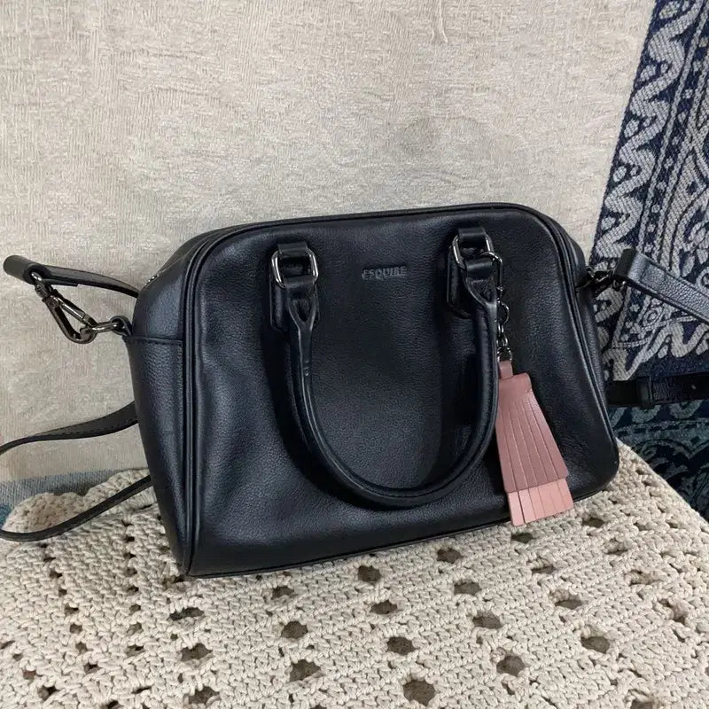 [BUNJANG] Esquire Black Leather Tote Crossbody Bag / [F] 에스콰이어 천연가죽 소가죽 블랙 토트백 크로스백 가방