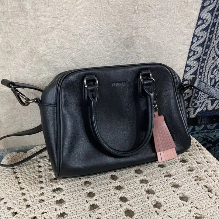 [BUNJANG] Esquire Black Leather Tote Crossbody Bag / [F] 에스콰이어 천연가죽 소가죽 블랙 토트백 크로스백 가방