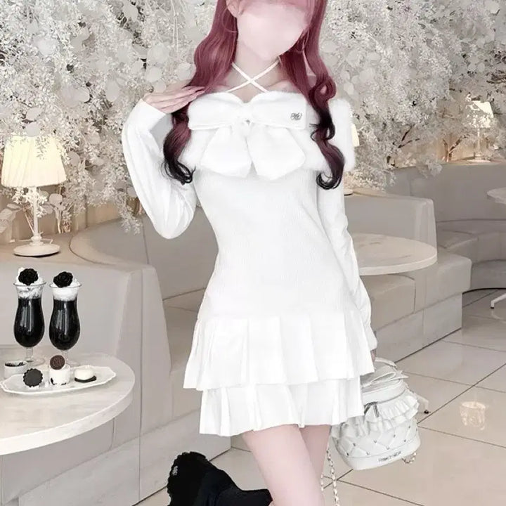 [BUNJANG] Honey Muse Big Ribbon Cross White Off-Shoulder Dress / 허니뮤 빅 리본 크로스 화이트 오프숄더 원피스 미셸마카롱 스나계 양산형