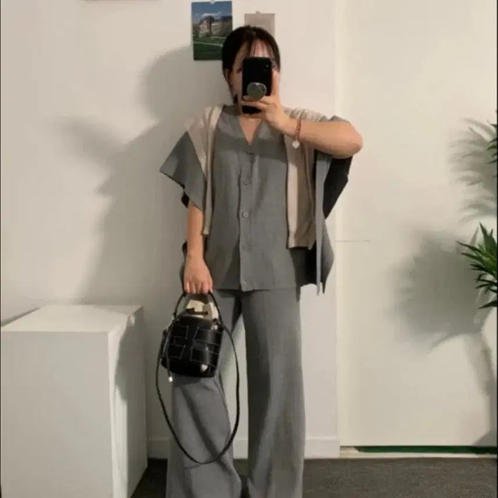 [BUNJANG] Min Monday Gray Knit Top and Bottom Set / 여름 니트 상하의 세트(회색)빅사이즈세트 임부복민먼데이앙투공구우먼리리앤코