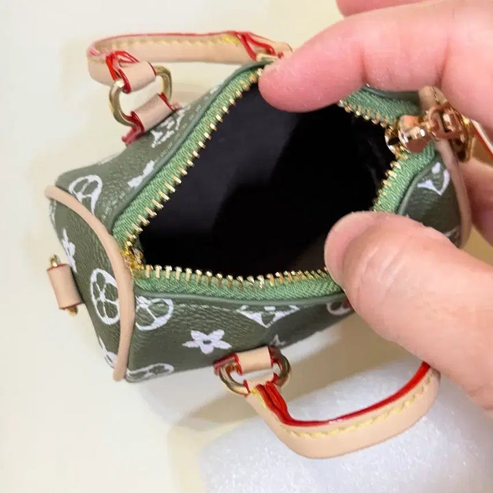 [BUNJANG] Mini Tote Bag Khaki Flower Pattern Keyring / 미니 토드백 카키색 플라워 패턴 키링/ 가방고리 /동영상참고