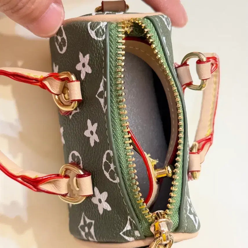 [BUNJANG] Mini Tote Bag Khaki Flower Pattern Keyring / 미니 토드백 카키색 플라워 패턴 키링/ 가방고리 /동영상참고