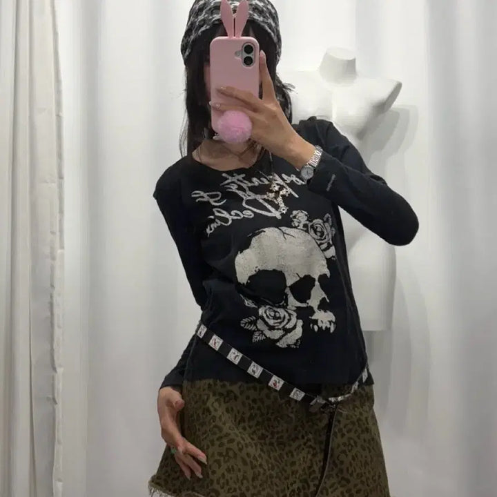 [BUNJANG] Black Skull Printed Longsleeve Shirt / 블랙 스컬 프린팅 롱슬리브