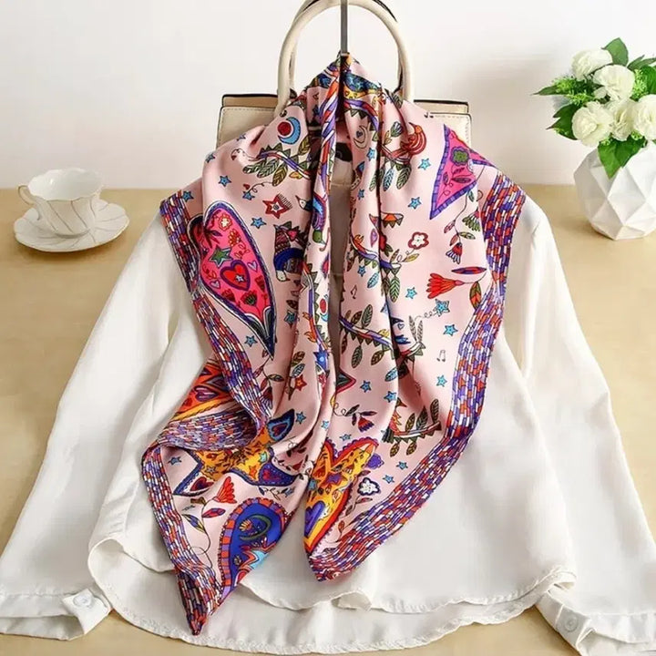 [BUNJANG] Patterned Pink Silk Scarf / 패턴 스카프(새상품)
