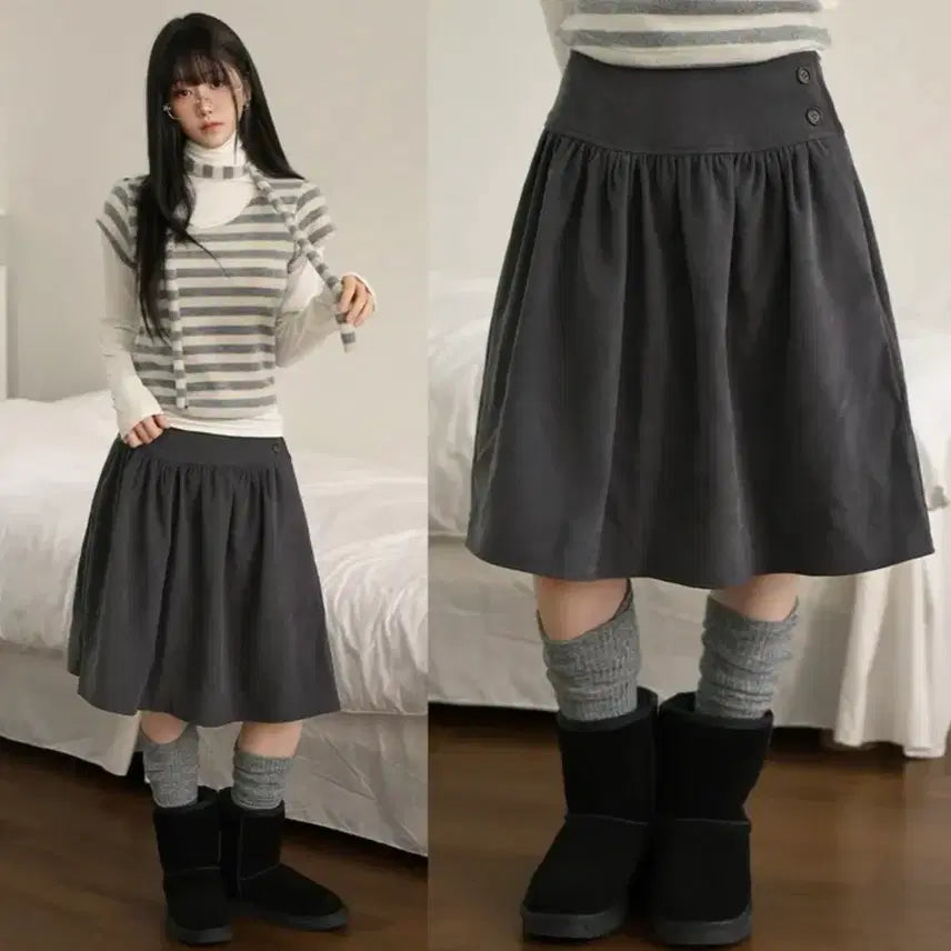 [BUNJANG] Shein A-line Frill Flare Midi Skirt / 일본도쿄소녀 투버튼 A라인 프릴 플레어 미디 스커트 쉬인 치마 회색