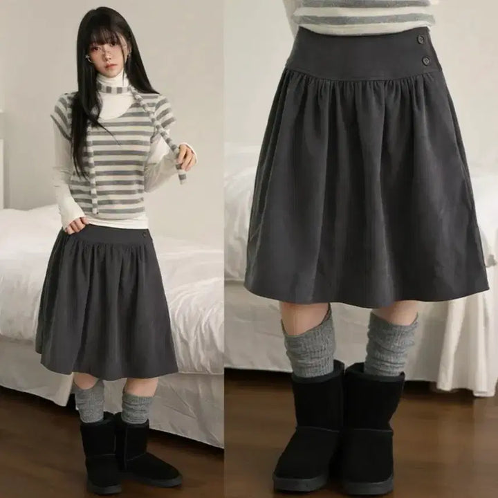 [BUNJANG] Shein A-line Frill Flare Midi Skirt / 일본도쿄소녀 투버튼 A라인 프릴 플레어 미디 스커트 쉬인 치마 회색