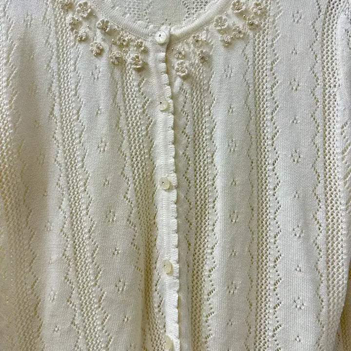 [BUNJANG] Ank Rouge Flower Embroidered Beaded Punching Knit Cardigan / 일본빈티지 Ank Rouge 앙크루즈 플라워 자수 비즈펀칭 니트 가디건