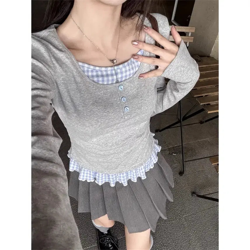 [BUNJANG] Layered Style Slim Long Sleeve T-shirt / 봄 가을 긴팔티 여성용 달콤한 레이어드 스타일 슬림 긴팔 티셔츠
