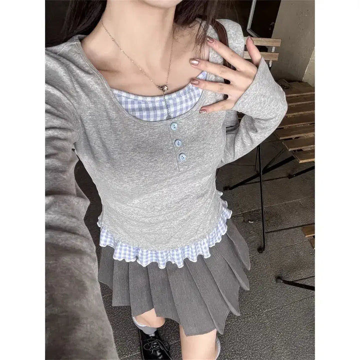 [BUNJANG] Layered Style Slim Long Sleeve T-shirt / 봄 가을 긴팔티 여성용 달콤한 레이어드 스타일 슬림 긴팔 티셔츠