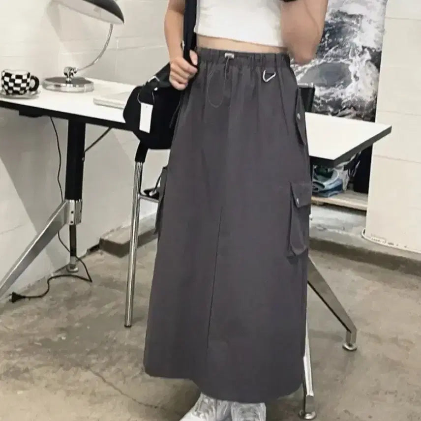 [BUNJANG] Long Cargo Skirt Dark Gray / 롱 카고 스커트 다크 그레이