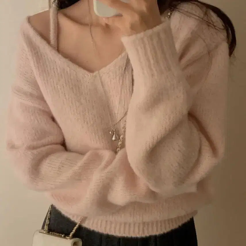 [BUNJANG] Miel Bunny V-Neck Knit Bustier Set / 미엘 바니 브이넥 니트 뷔스티에 세트