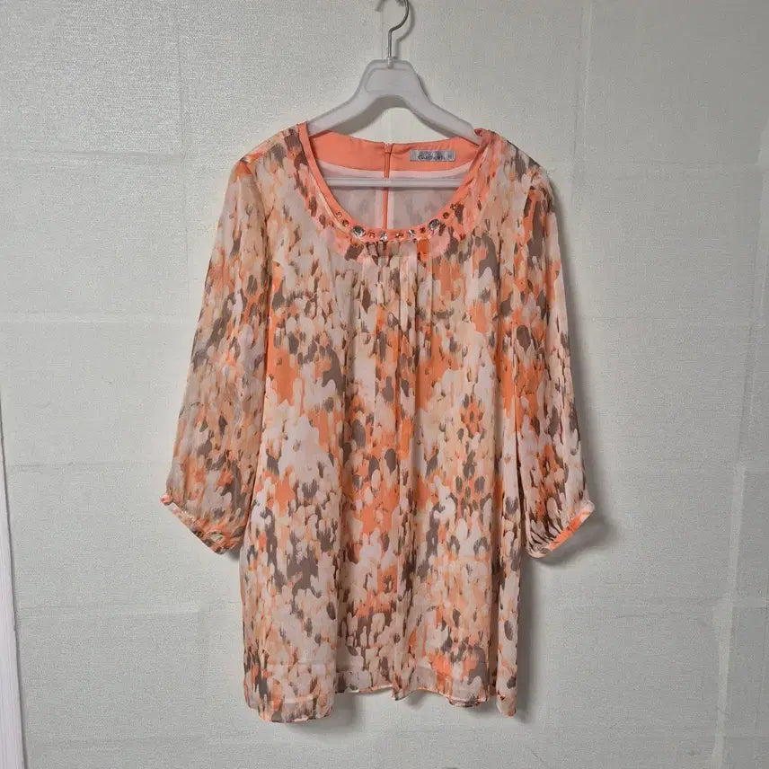 [BUNJANG] Gudiceli Orange Pattern Chiffon Blouse / 구디첼리 오렌지 패턴 쉬폰 블라우스 칠부