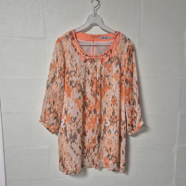 [BUNJANG] Gudiceli Orange Pattern Chiffon Blouse / 구디첼리 오렌지 패턴 쉬폰 블라우스 칠부