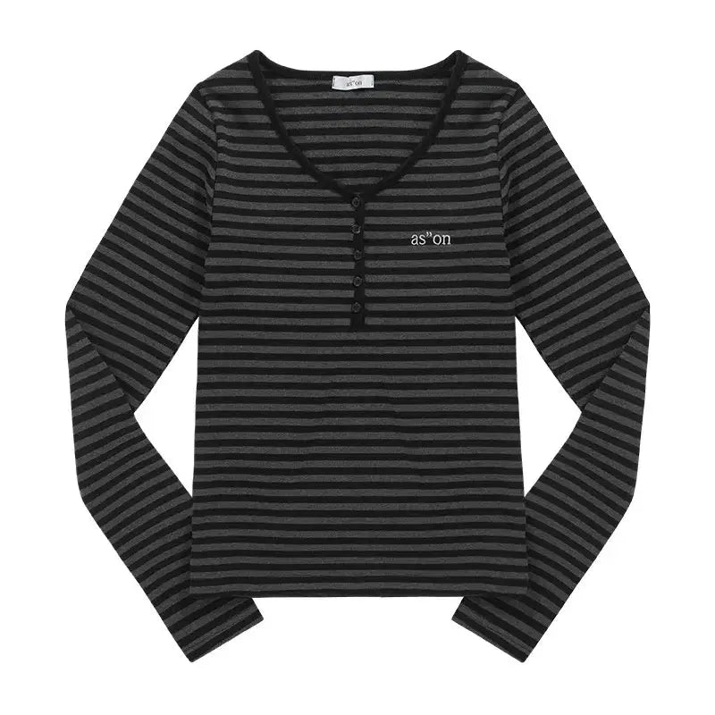[BUNJANG] As on Striped Henley Neck Long Sleeve T-Shirt / 애즈온 스트라이프 헨리넥 긴팔 티셔츠 새상품