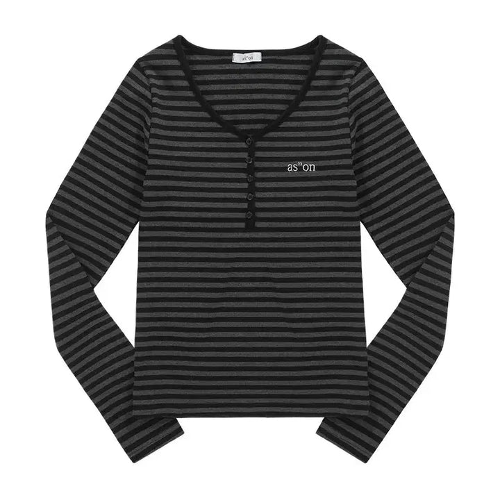 [BUNJANG] As on Striped Henley Neck Long Sleeve T-Shirt / 애즈온 스트라이프 헨리넥 긴팔 티셔츠 새상품