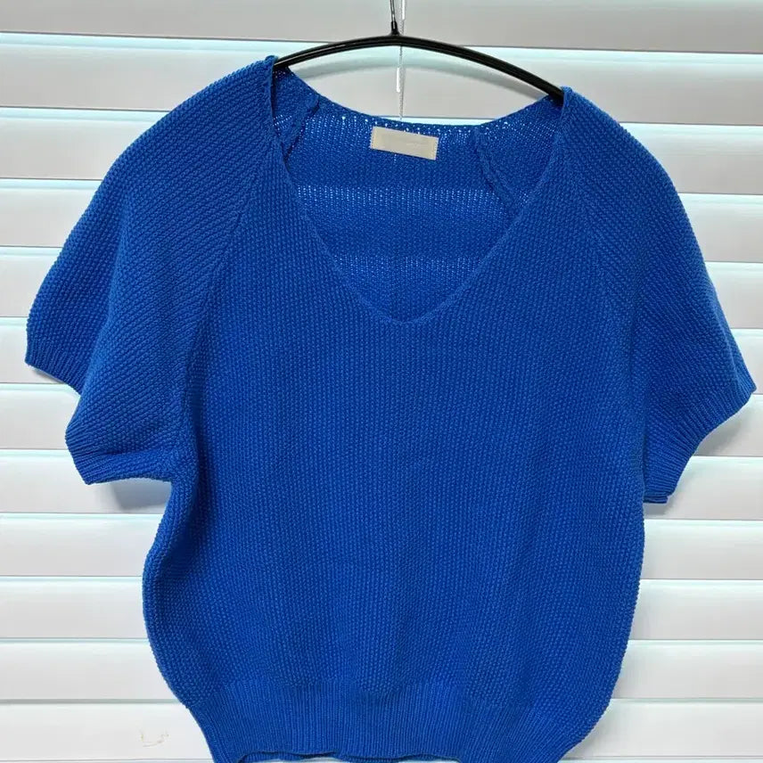 [BUNJANG] Cobalt Blue V-Neck Short Sleeve Knit Top / 코발트블루 브이넥 반팔 니트