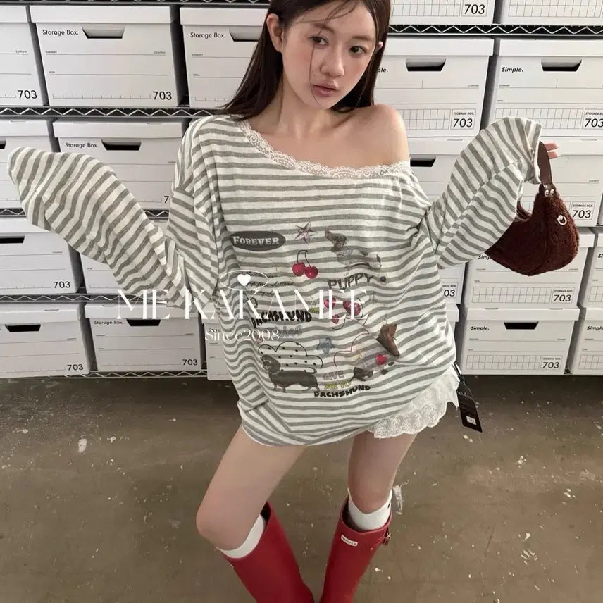 [BUNJANG] Mikakami Striped Lace Blouse / 미카카미 스트라이프 레이스 티셔츠
