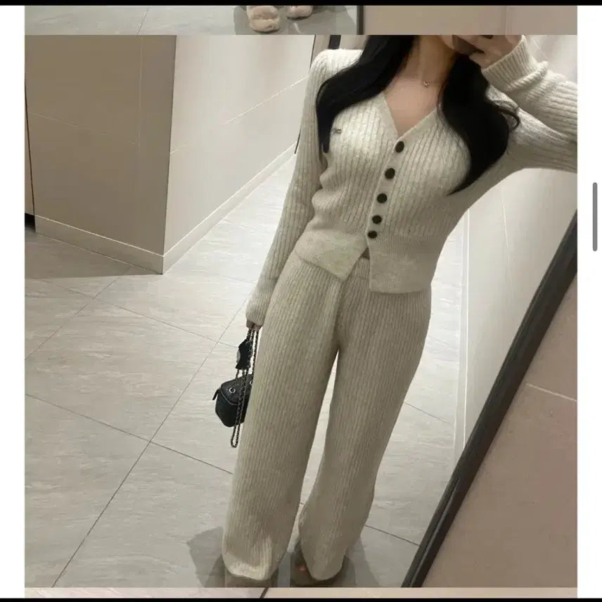 [BUNJANG] Miu Ivory Knit Cardigan &amp; Wide Pants Set / 미우 아이보리 니트 가디건 와이드 팬츠 셋업