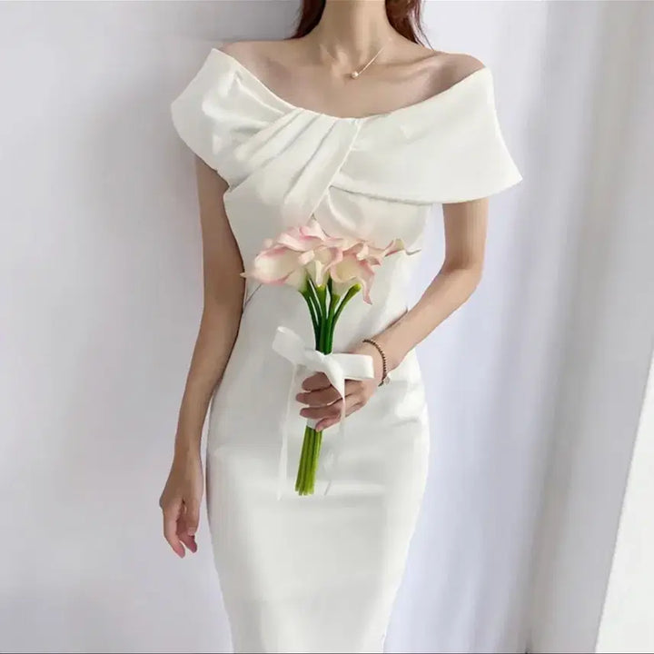 [BUNJANG] White Off-Shoulder Midi Dress / 화이트 오프숄더 미디 드레스 셀프웨딩 브라이덜샤워 돌잔치 연주회 졸업사진