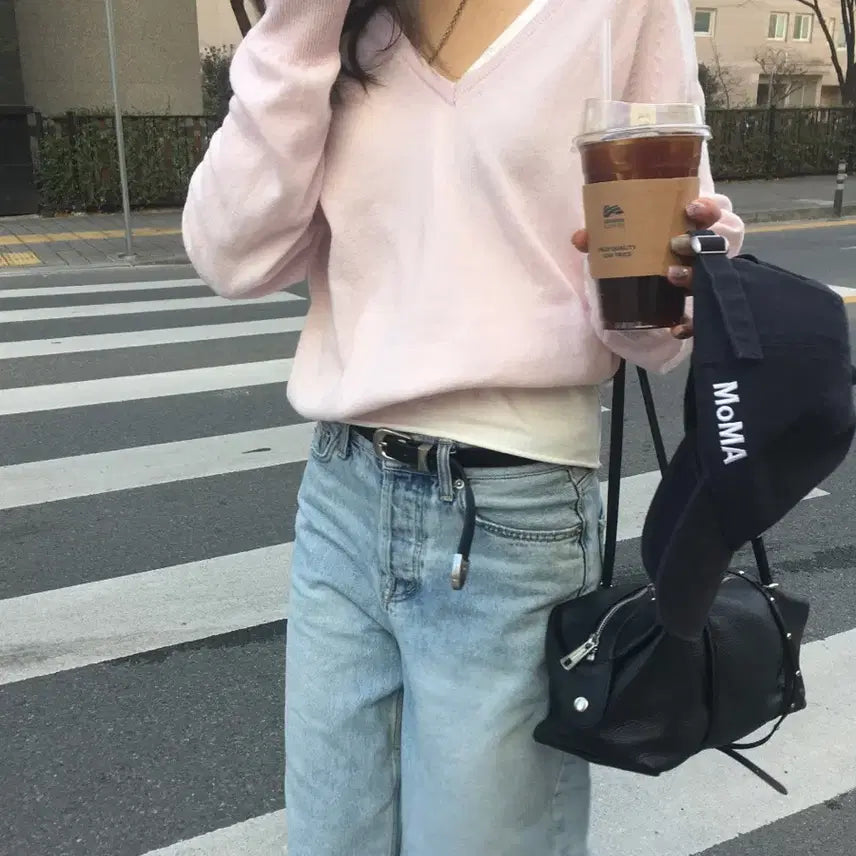 [BUNJANG] Nof Simple V-Neck Knit Pink Sweater / 노프 심플 브이넥 니트 핑크
