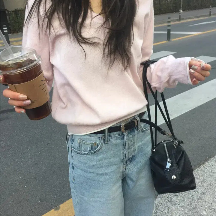 [BUNJANG] Nof Simple V-Neck Knit Pink Sweater / 노프 심플 브이넥 니트 핑크