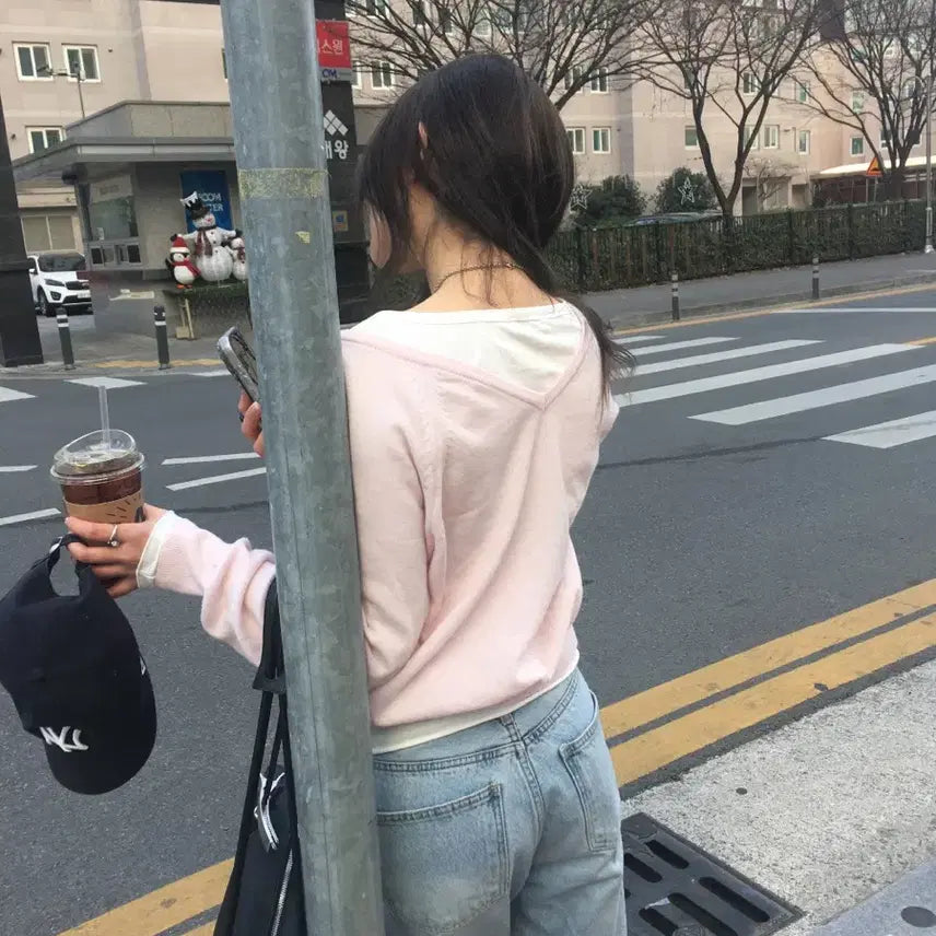 [BUNJANG] Nof Simple V-Neck Knit Pink Sweater / 노프 심플 브이넥 니트 핑크