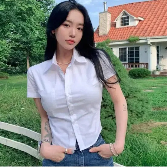 [BUNJANG] White Cropped Short Sleeve Shirt / 화이트 반팔 셔츠 크롭핏