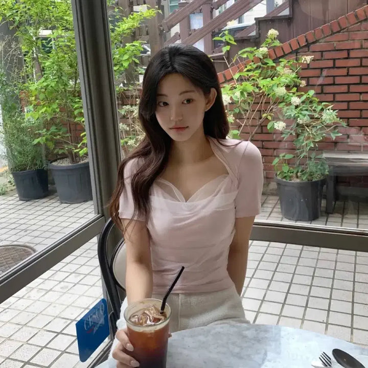 [BUNJANG] ANNE VIBOLERO Short Sleeve T-Shirt (Pink) / 제니오 썸머 안느 볼레로 반팔티 (핑크)