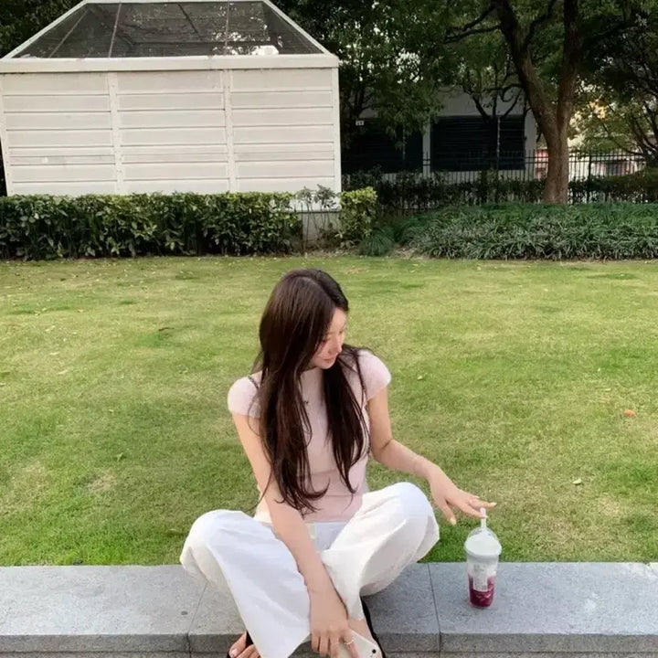 [BUNJANG] Leeds Blossom Half Knit Top (Pink) / 샵리즈 leeds 블라썸 하프 니트 반팔 (핑크)