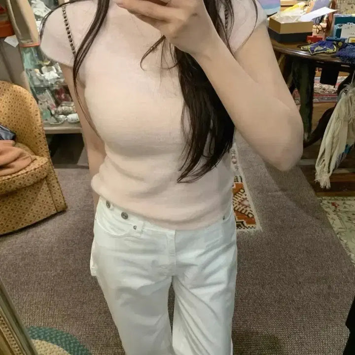 [BUNJANG] Leeds Blossom Half Knit Top (Pink) / 샵리즈 leeds 블라썸 하프 니트 반팔 (핑크)