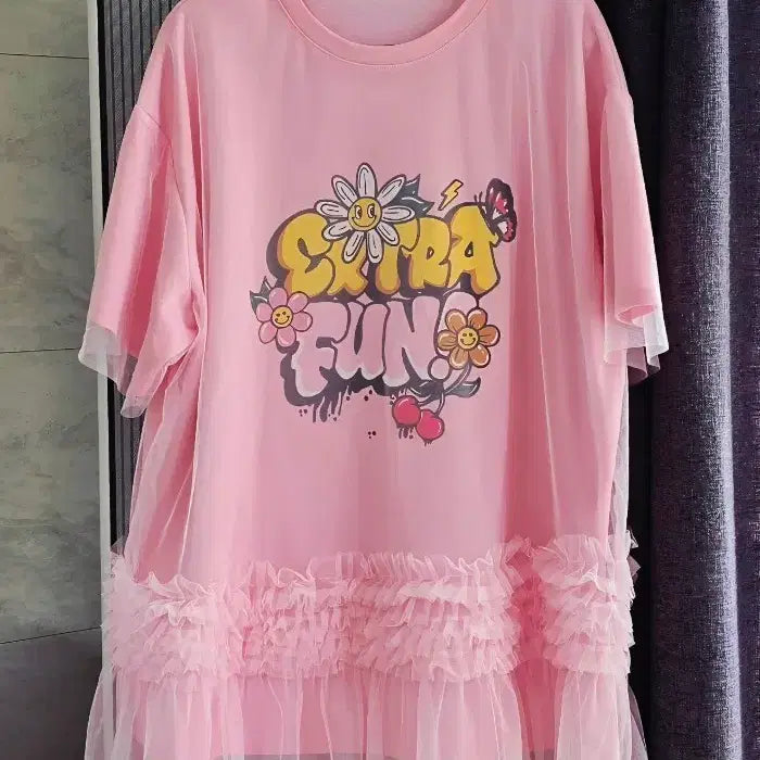 [BUNJANG] Pink Frill Tunic Long T-shirt / 빅사이즈 핑크 프릴 튜닉 반팔 롱 티셔츠(새상품/무료배송)