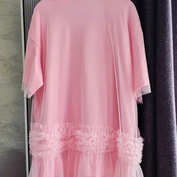 [BUNJANG] Pink Frill Tunic Long T-shirt / 빅사이즈 핑크 프릴 튜닉 반팔 롱 티셔츠(새상품/무료배송)