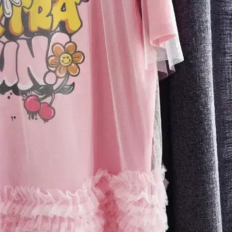 [BUNJANG] Pink Frill Tunic Long T-shirt / 빅사이즈 핑크 프릴 튜닉 반팔 롱 티셔츠(새상품/무료배송)