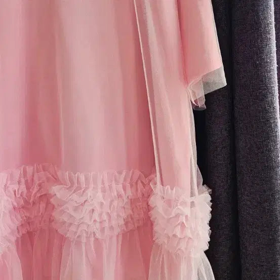 [BUNJANG] Pink Frill Tunic Long T-shirt / 빅사이즈 핑크 프릴 튜닉 반팔 롱 티셔츠(새상품/무료배송)