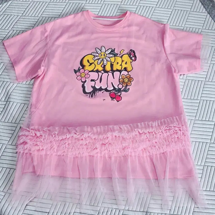 [BUNJANG] Pink Frill Tunic Long T-shirt / 빅사이즈 핑크 프릴 튜닉 반팔 롱 티셔츠(새상품/무료배송)