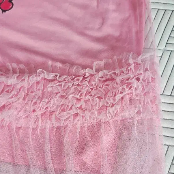 [BUNJANG] Pink Frill Tunic Long T-shirt / 빅사이즈 핑크 프릴 튜닉 반팔 롱 티셔츠(새상품/무료배송)