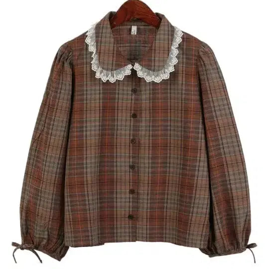 [BUNJANG] Korean Lace Detail Check Blouse / 국산 부분 레이스 체크 블라우스 브라운
