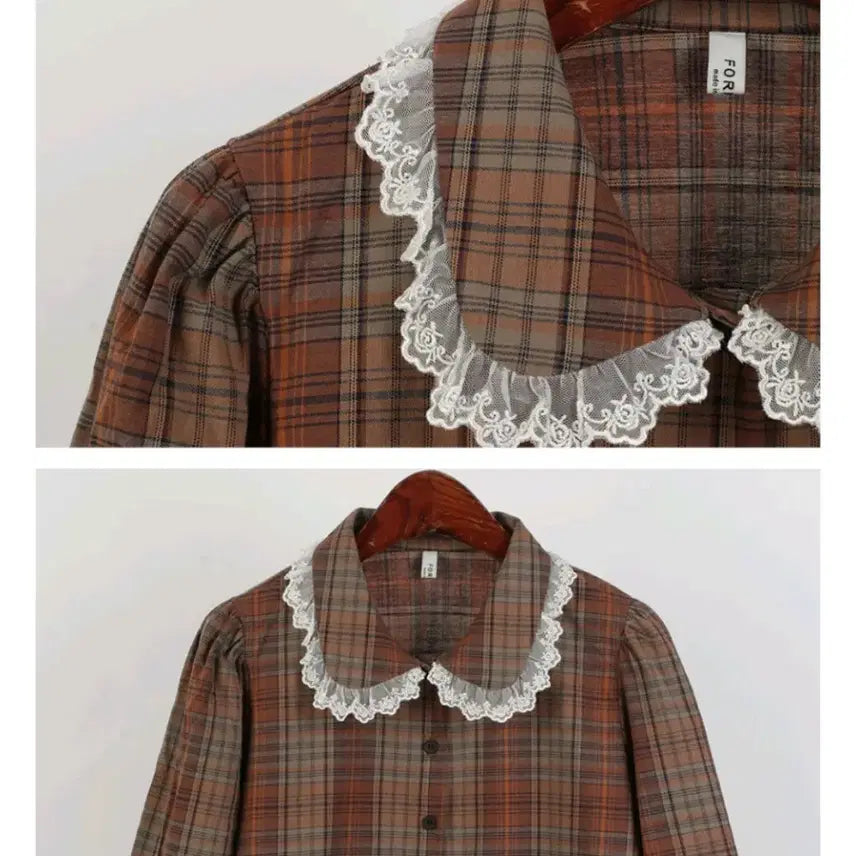 [BUNJANG] Korean Lace Detail Check Blouse / 국산 부분 레이스 체크 블라우스 브라운